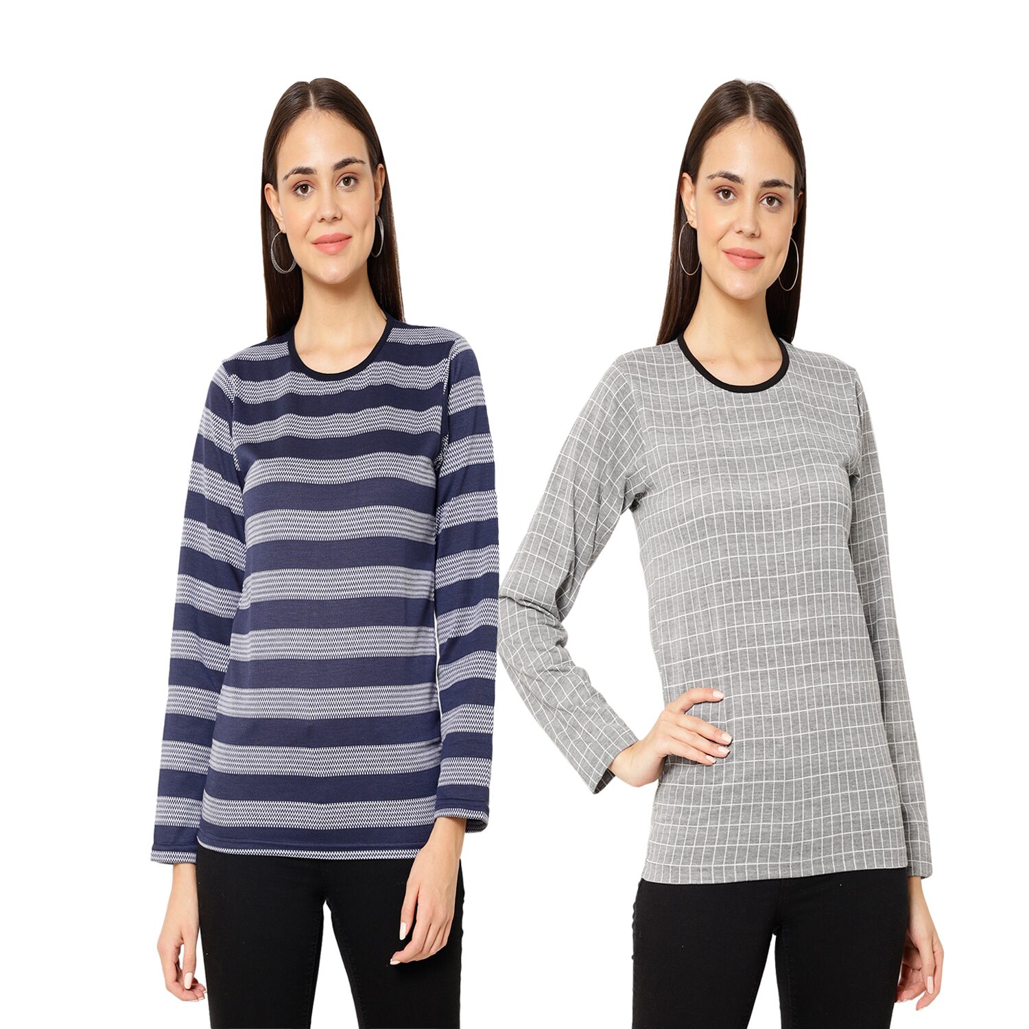 

VIMAL JONNEY Cotton Checked Grey Navy Blue Color T-Shirt For Women (Pack Of 2)