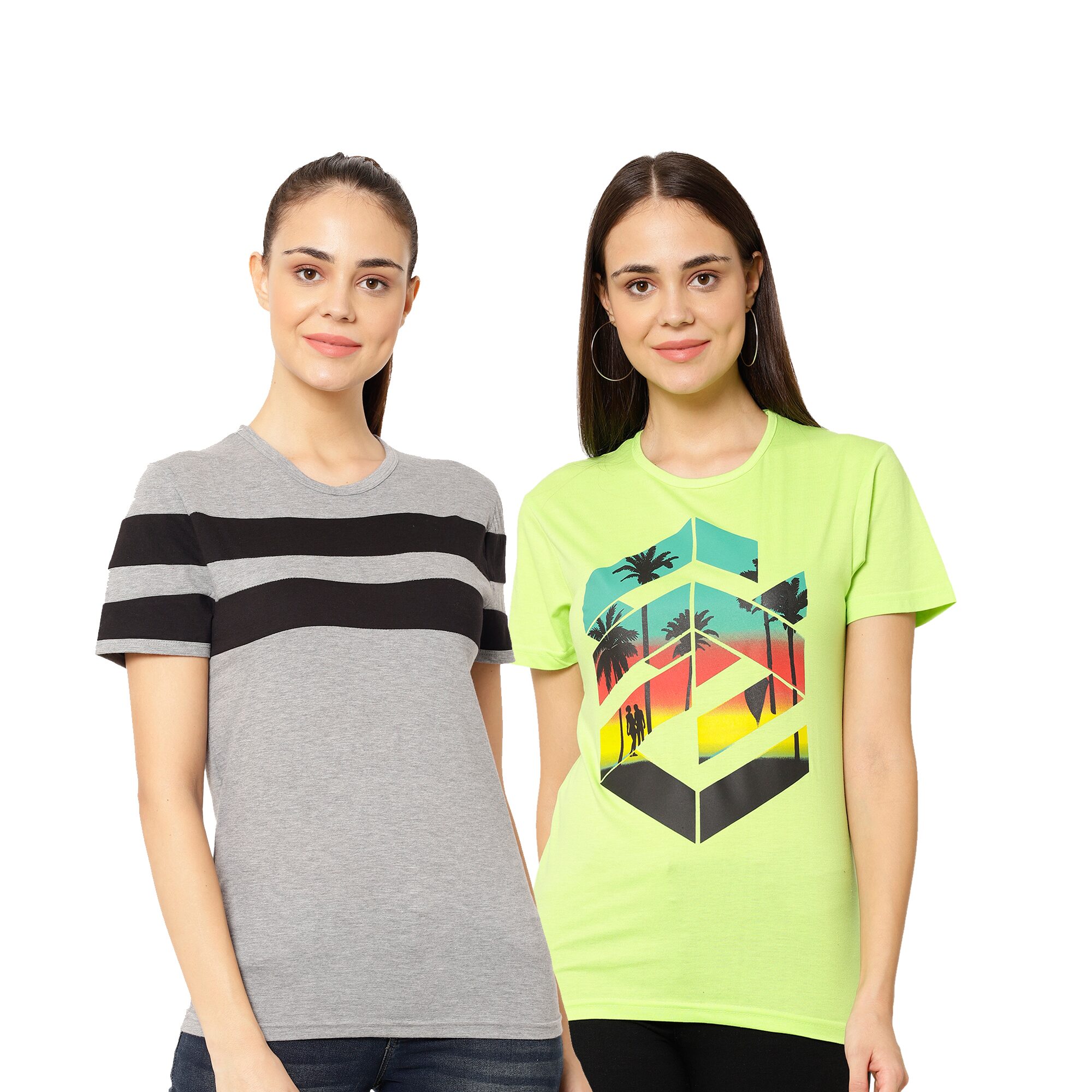 

VIMAL JONNEY Women Grey Green Regular fit Round neck Cotton T shirt