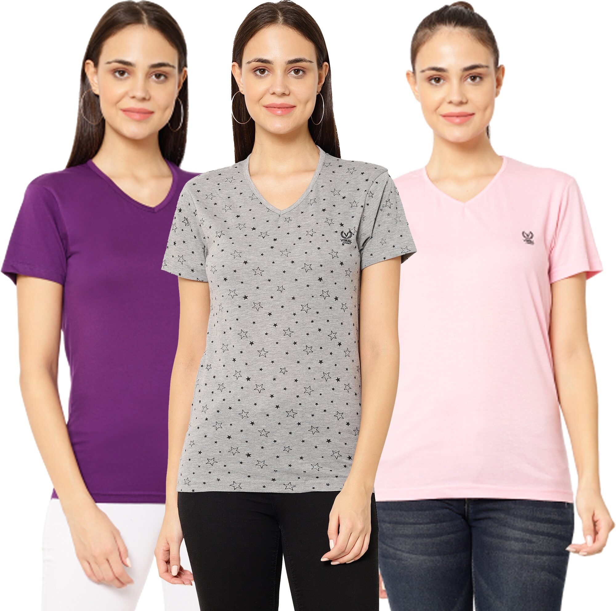 

VIMAL JONNEY Women Multi Regular fit V neck Cotton T shirt