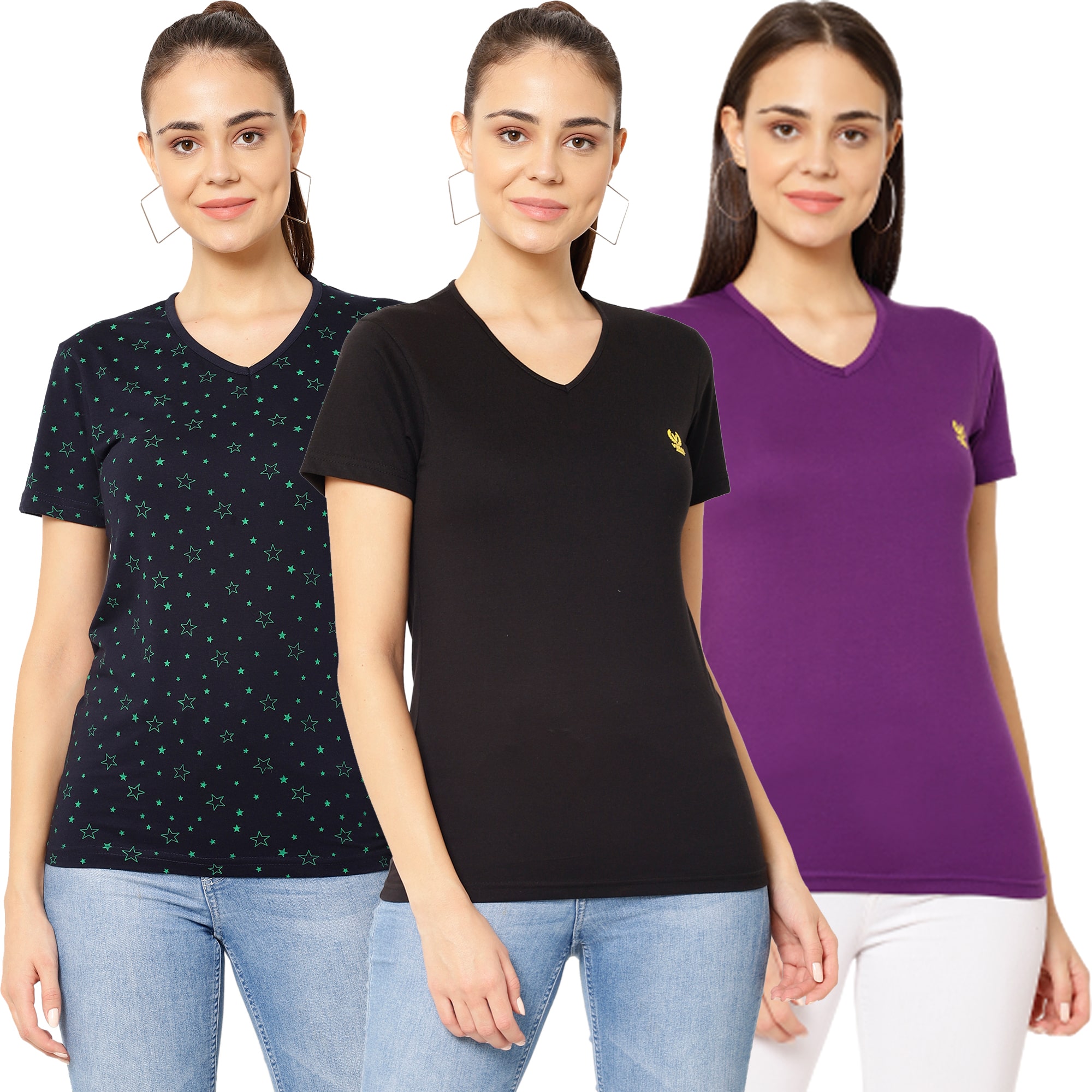 

VIMAL JONNEY Women Multi Regular fit V neck Cotton T shirt