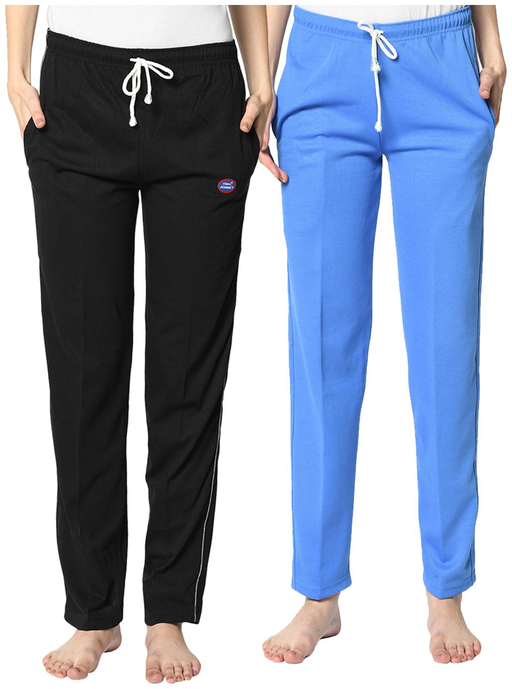 

VIMAL JONNEY Cotton Blend Solid Black Blue Color Track Pants For Women (Pack Of 2)