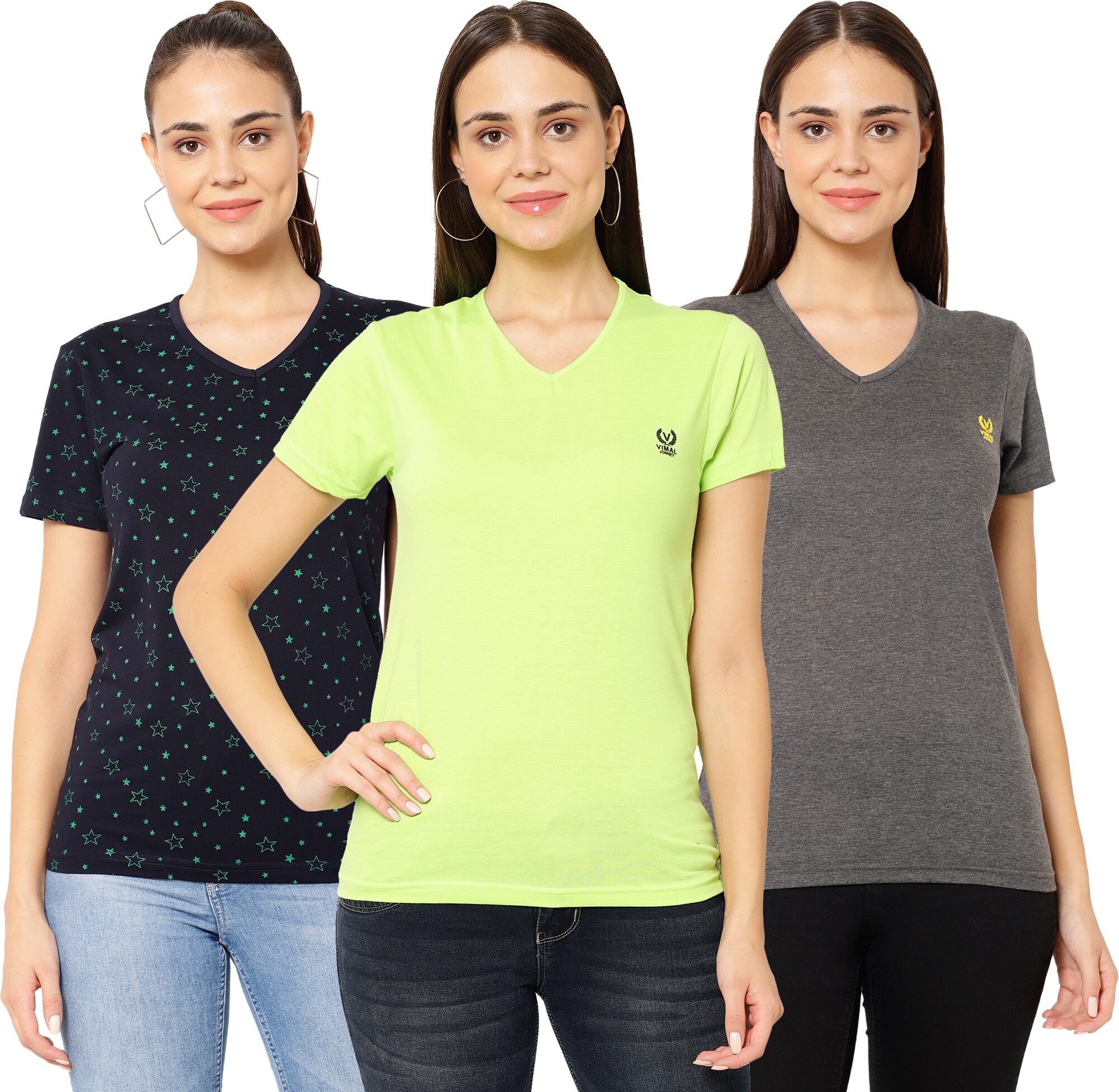 

VIMAL JONNEY Women Multi Regular fit V neck Cotton T shirt