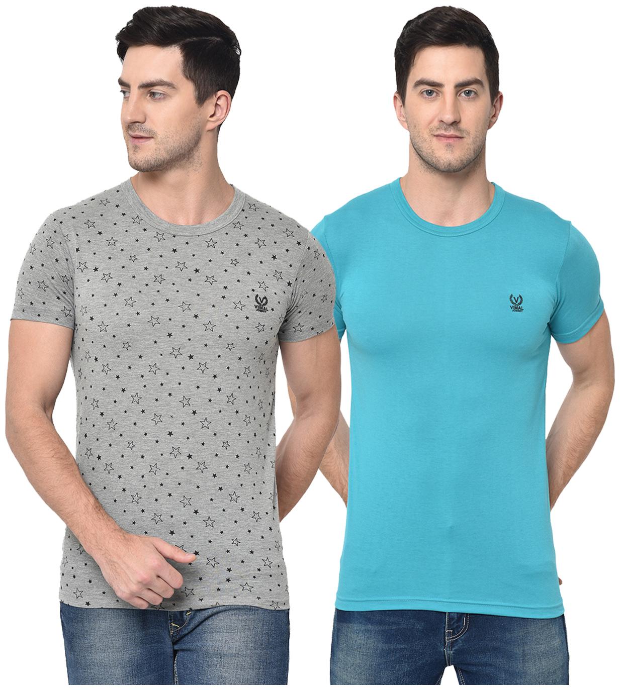 

VIMAL JONNEY Men Grey Turquoise Regular fit Cotton Blend Round neck T-Shirt - Pack Of 2