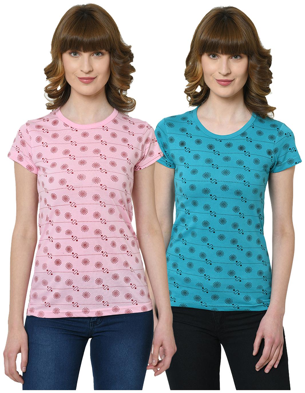 

VIMAL JONNEY Women Pink Blue Regular fit Round neck Cotton T shirt