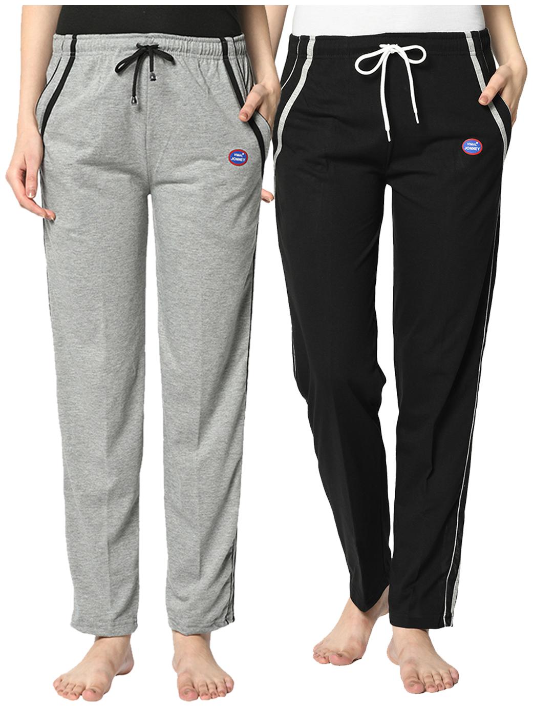 

VIMAL JONNEY Cotton Blend Solid Black Grey Color Track Pants For Women (Pack Of 2)