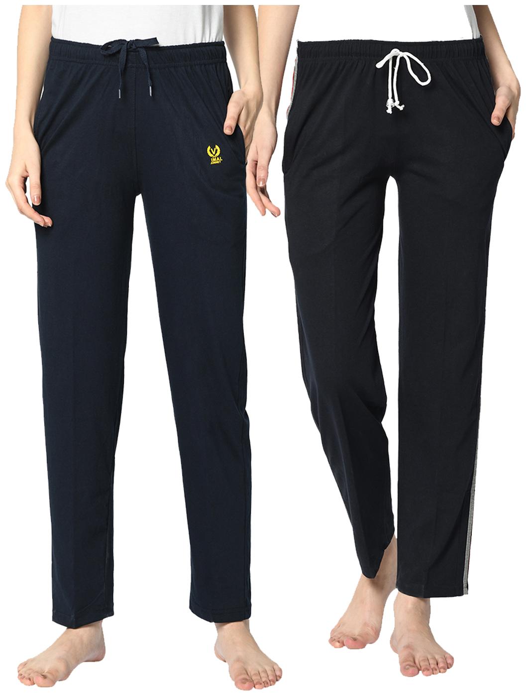 

VIMAL JONNEY Cotton Blend Solid Blue Color Track Pants For Women (Pack Of 2)