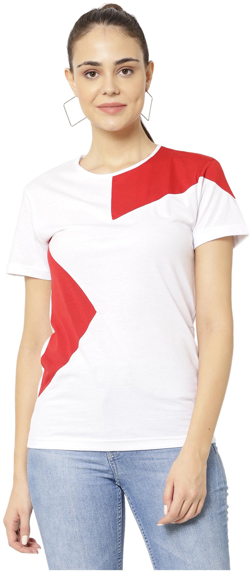

VIMAL JONNEY Women White Red Regular fit Round neck Blended T shirt