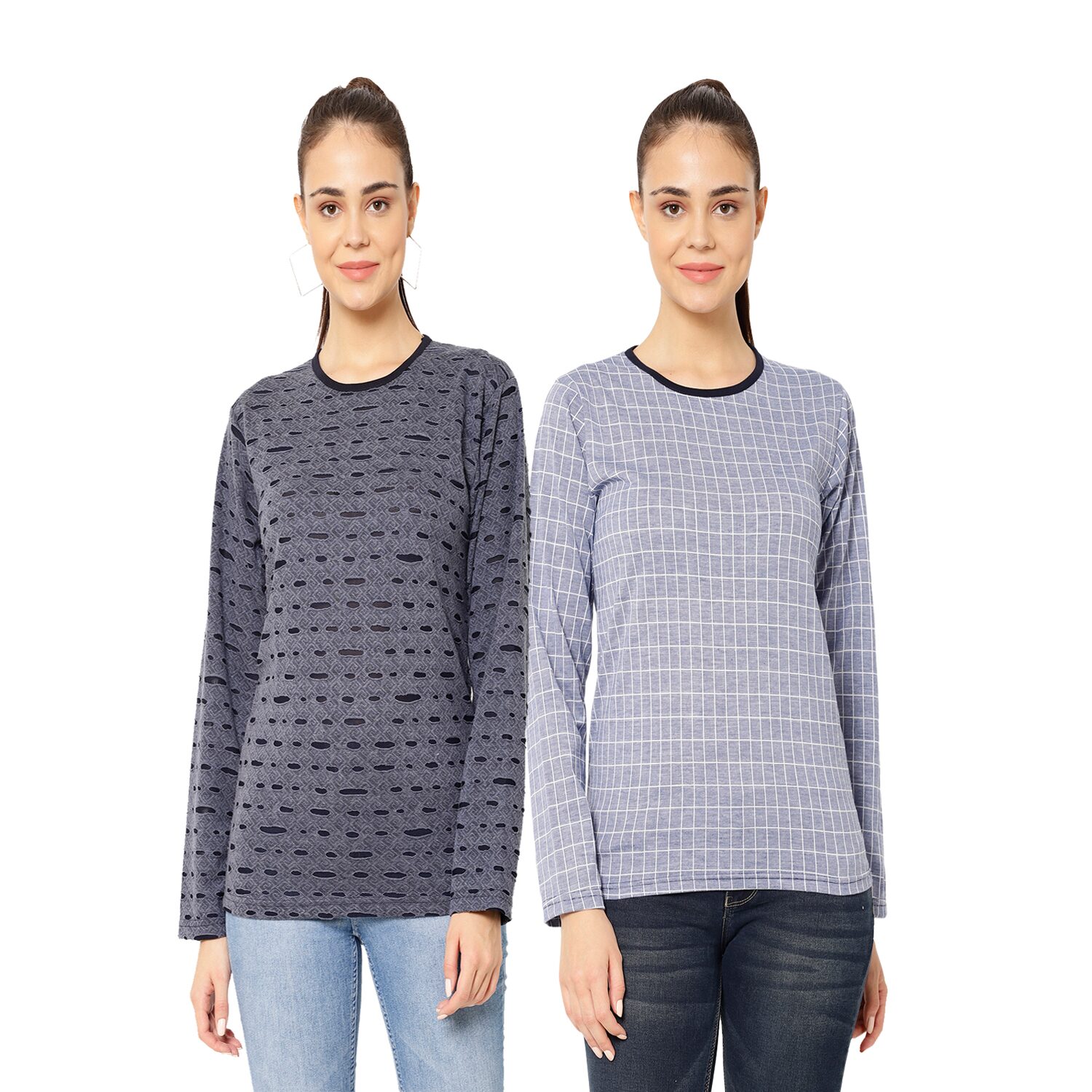 

VIMAL JONNEY Women Grey Blue Regular fit Round neck Cotton T shirt