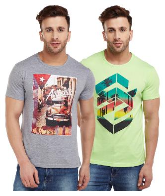 

Vimal Jonney Melange Grey And Green Printed Tshirts For Men(Pack Of 2)