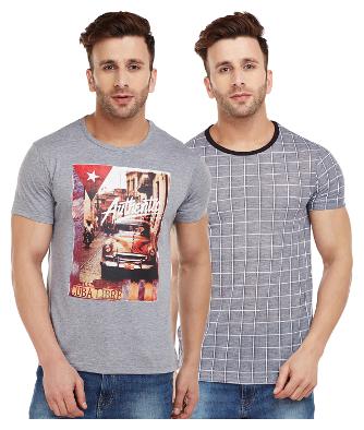 

Vimal Jonney Melange Grey And Check Grey Printed Tshirts For Men(Pack Of 2)