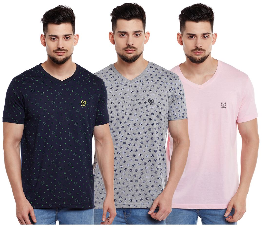 

VIMAL JONNEY Men Multi Regular fit Cotton V neck T-Shirt - Pack Of 3