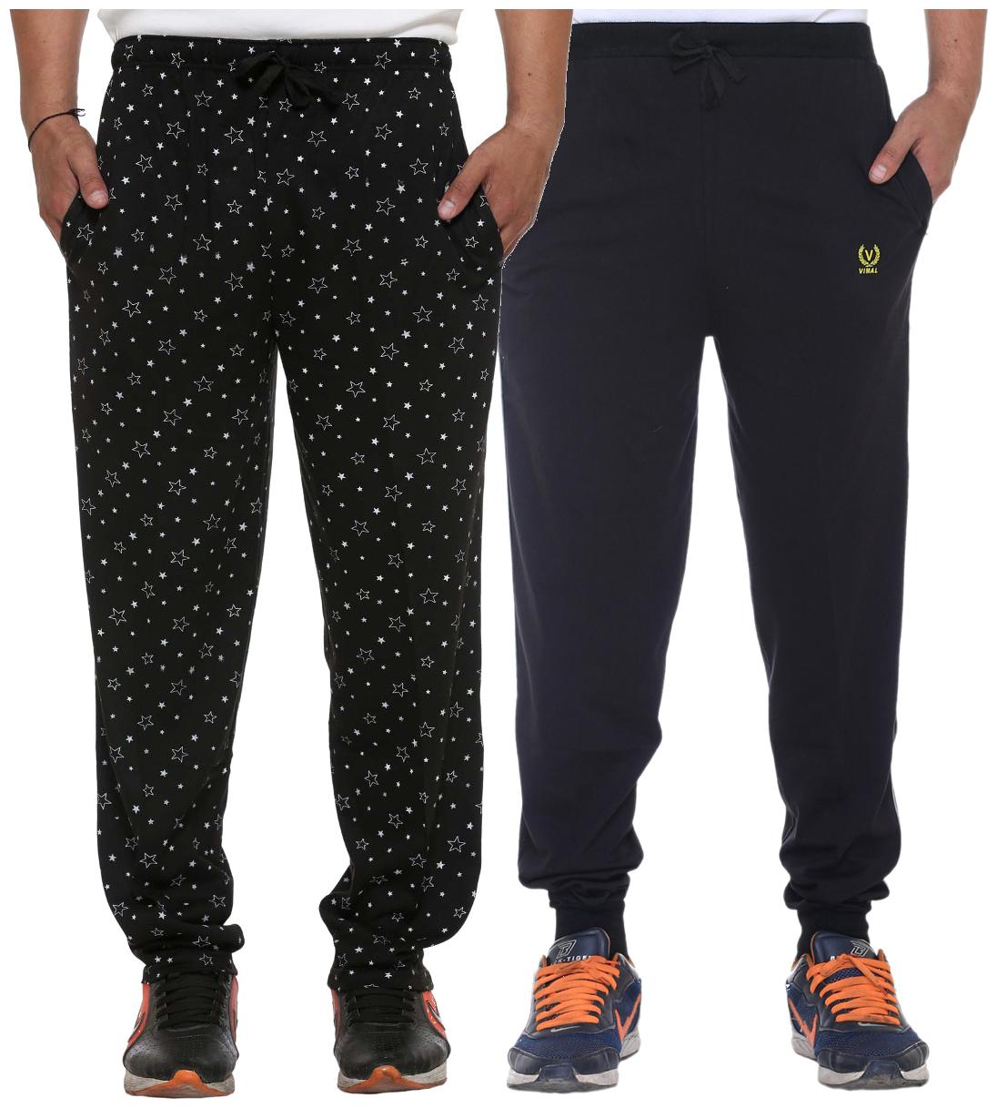 

Vimal Jonney Multicolor Print And Plain Cotton Trackpants For Men (pack Of 2)