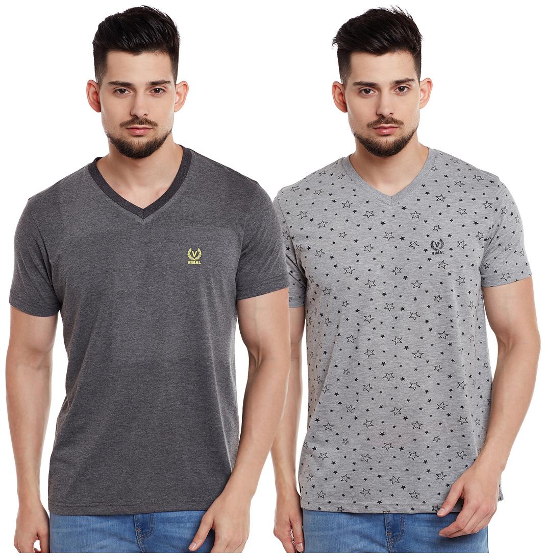 

VIMAL JONNEY Men Multi Slim fit Cotton V neck T-Shirt - Pack Of 2