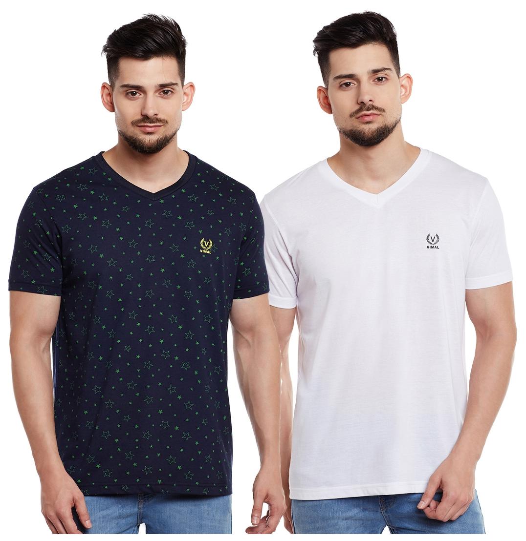 

VIMAL JONNEY Men Multi Slim fit Cotton V neck T-Shirt - Pack Of 2