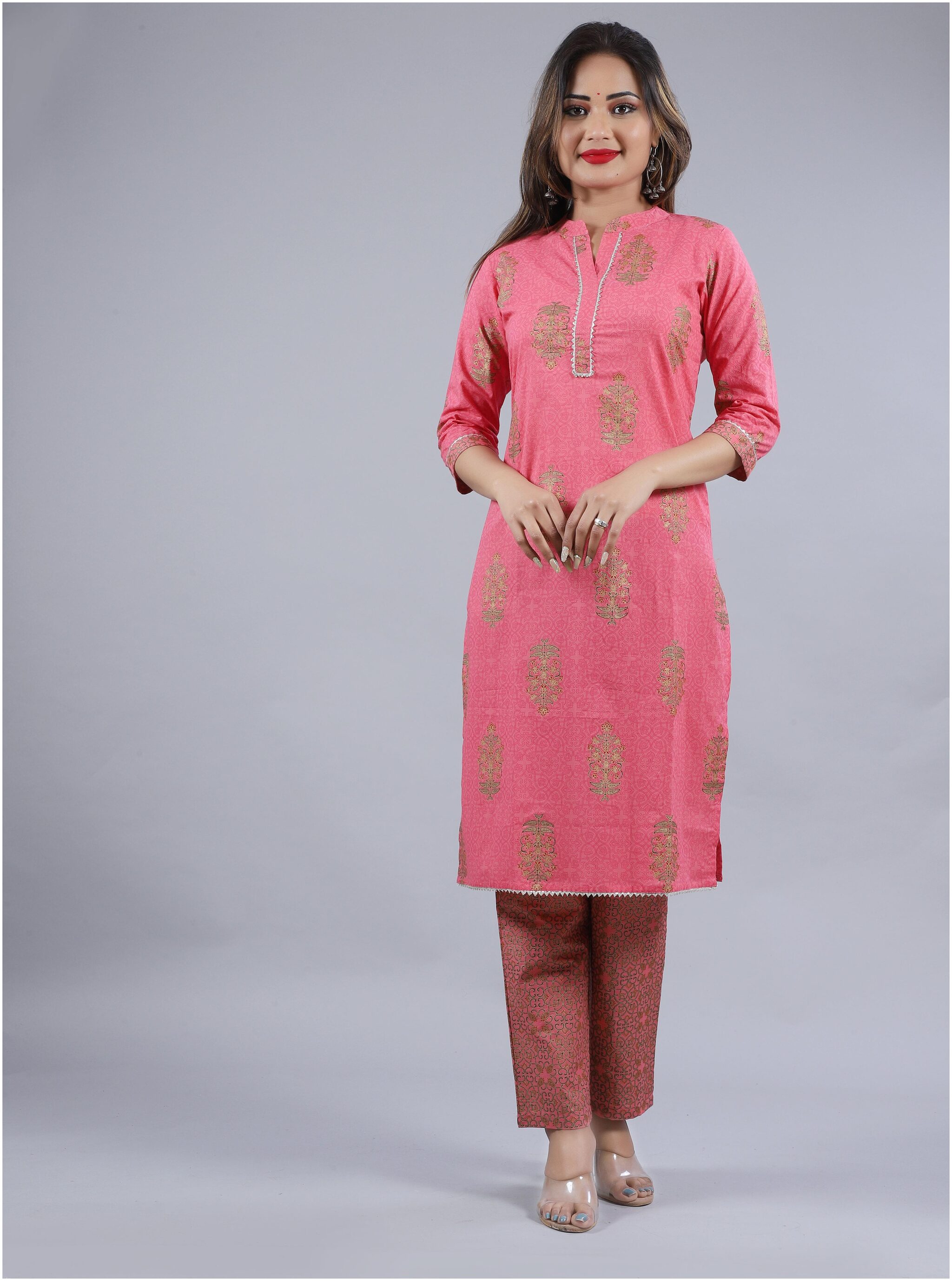 

VIMOO Women Pink Floral Straight Kurti With Pants