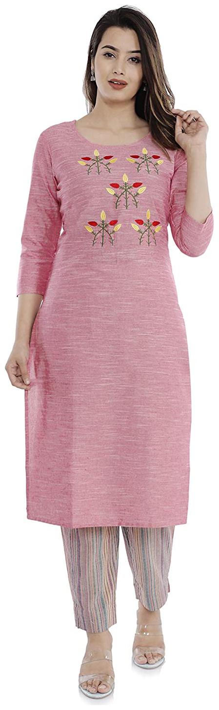 

VIMOO Cotton Embroidered Pink Kurti With Pant For Women