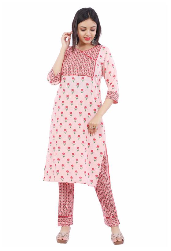 

VIMOO Women Peach Floral Straight Kurti With Pants