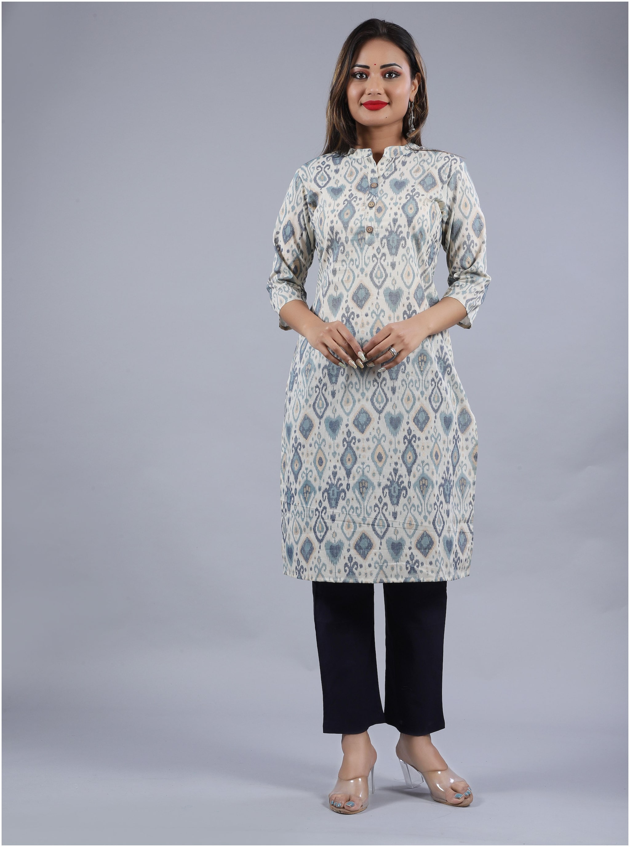 

VIMOO Women Grey Printed Straight Kurti With Pants