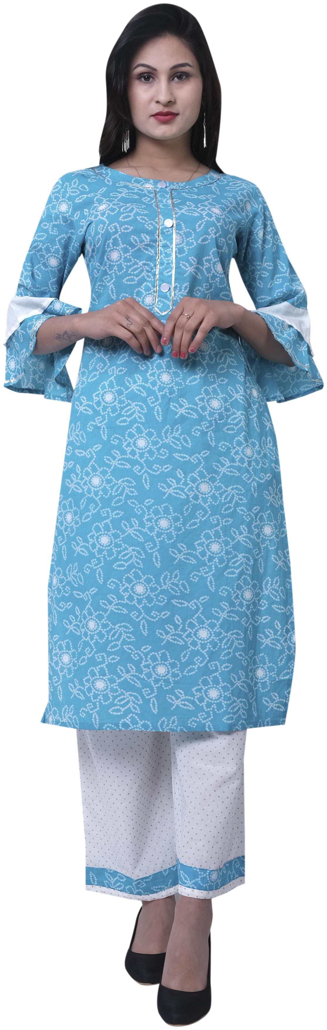 

VIMOO Women Blue White Bandhani Straight Kurti With Palazzo