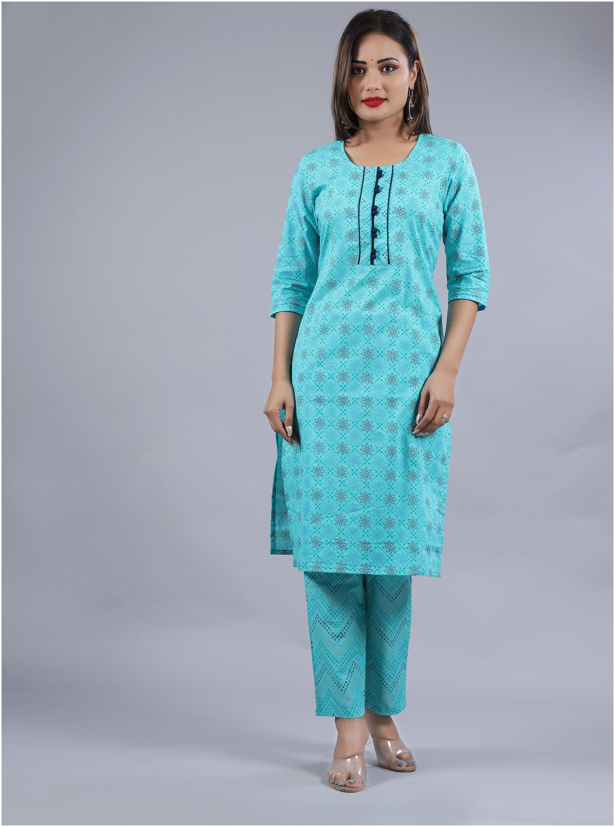 

VIMOO Women Blue Printed Straight Kurti With Pants