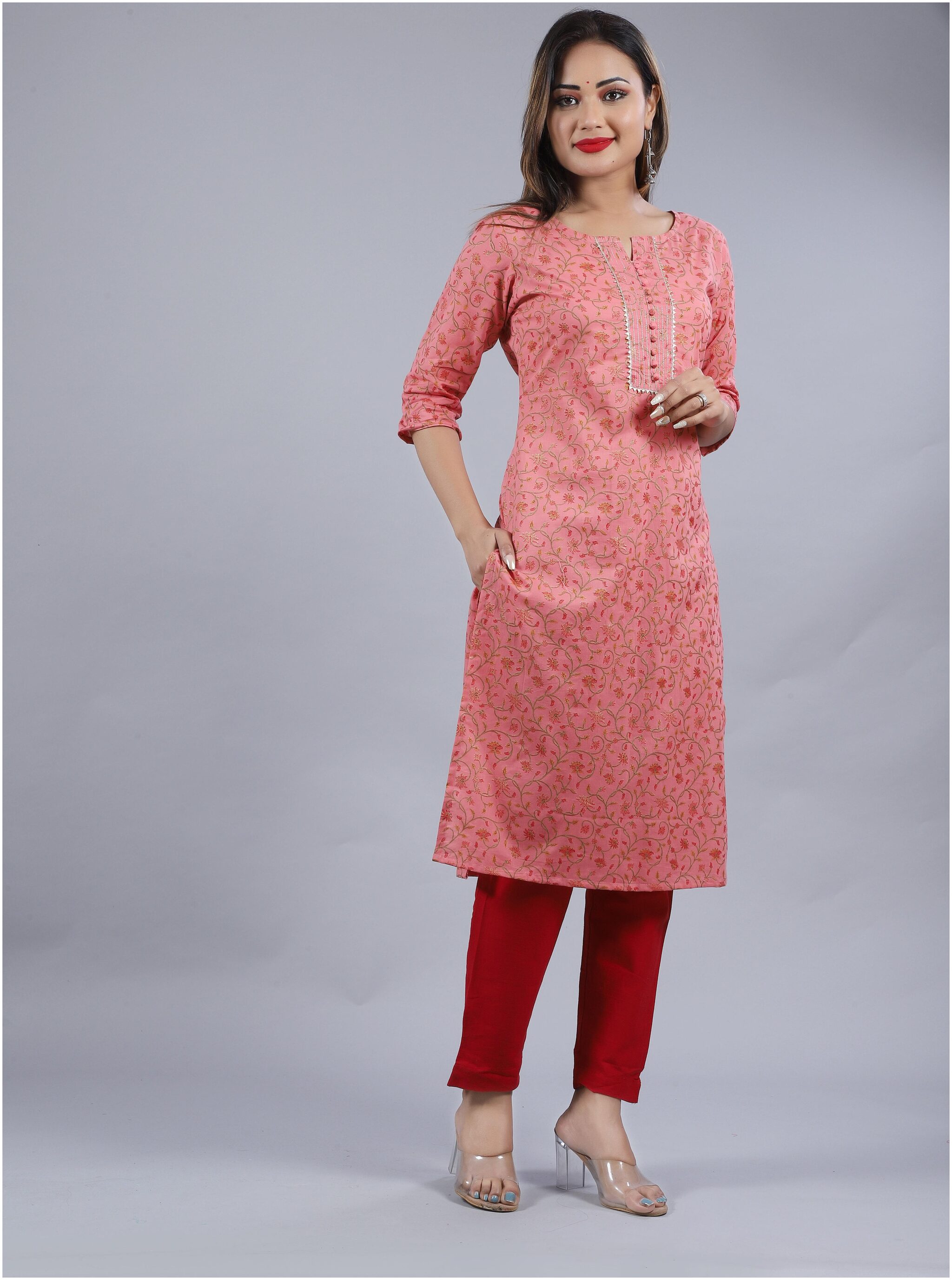 

VIMOO Women Pink Floral Straight Kurti With Pants