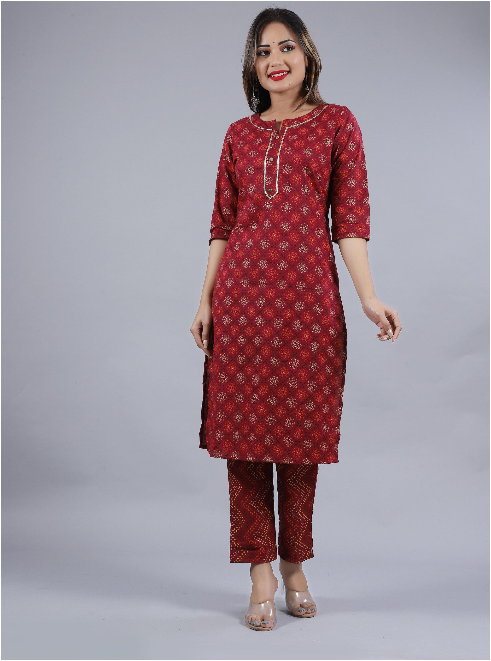

VIMOO Women Maroon Printed Straight Kurti With Pants