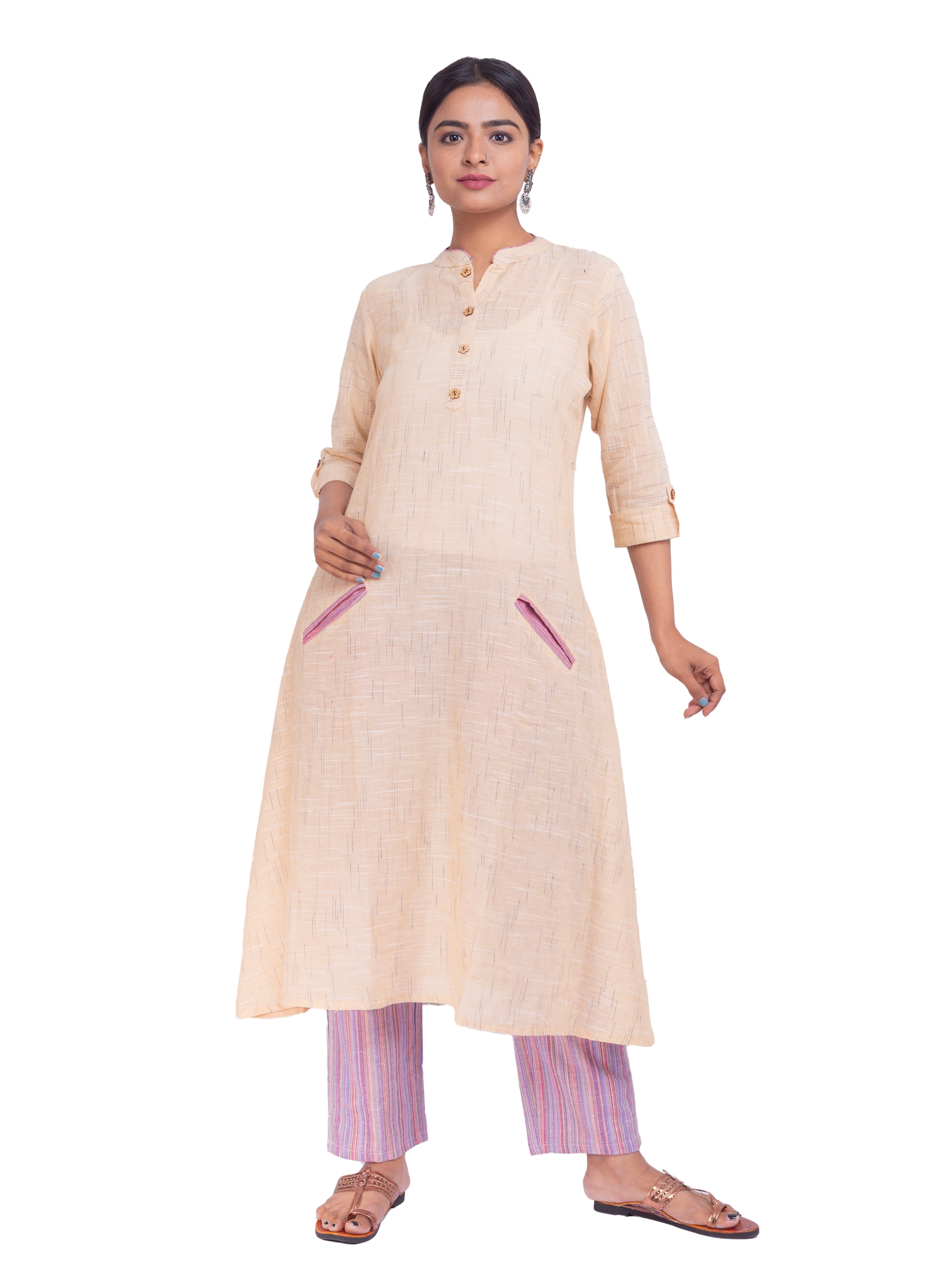 

Vimoo Women Cotton Straight Fit Kurti Pant Set (Beige)