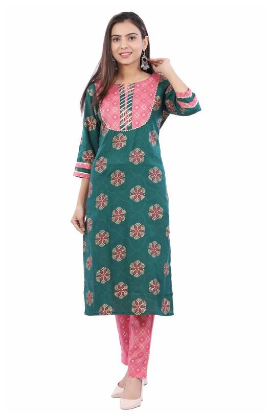 

VIMOO Women Green Printed Straight Kurti With Pants