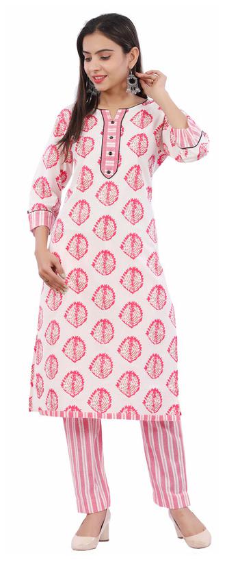 

VIMOO Women Pink White Printed Straight Kurti With Pants