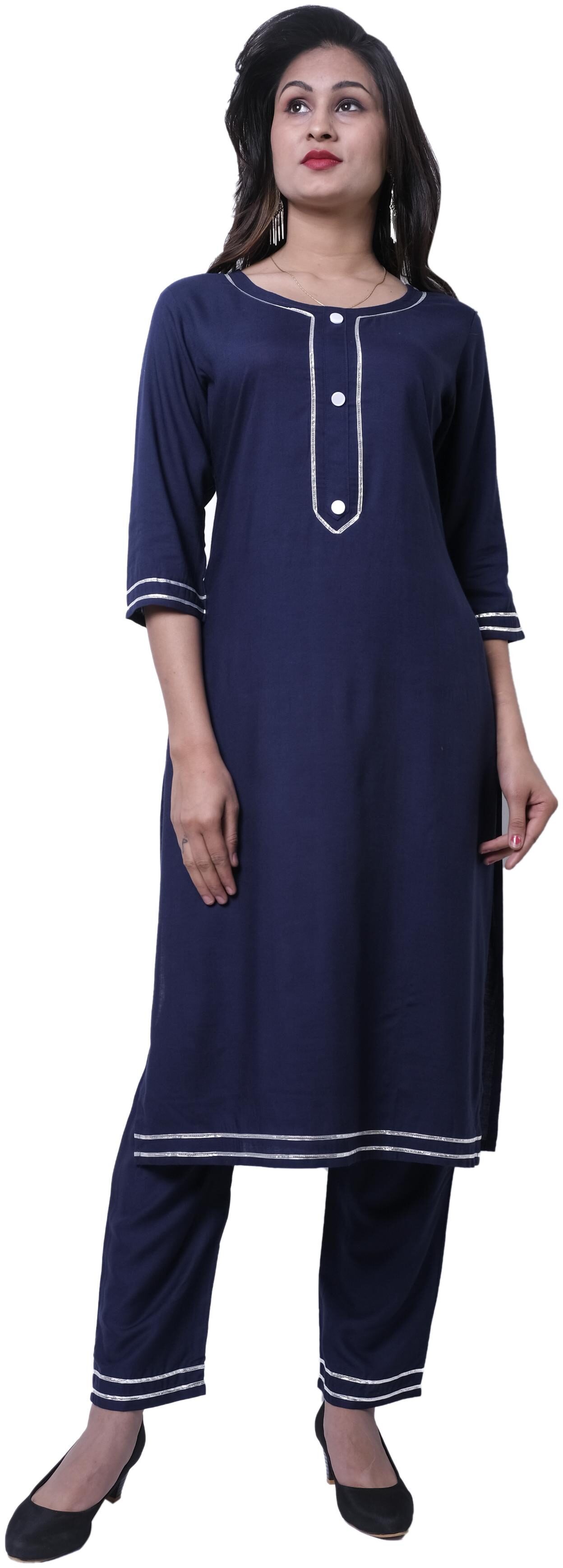 

VIMOO Women Blue Solid Straight Kurti With Pants