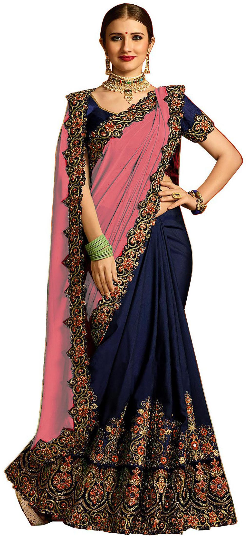 

Vinayak Textile Georgette Pink Embroidered Half Half Saree For Women