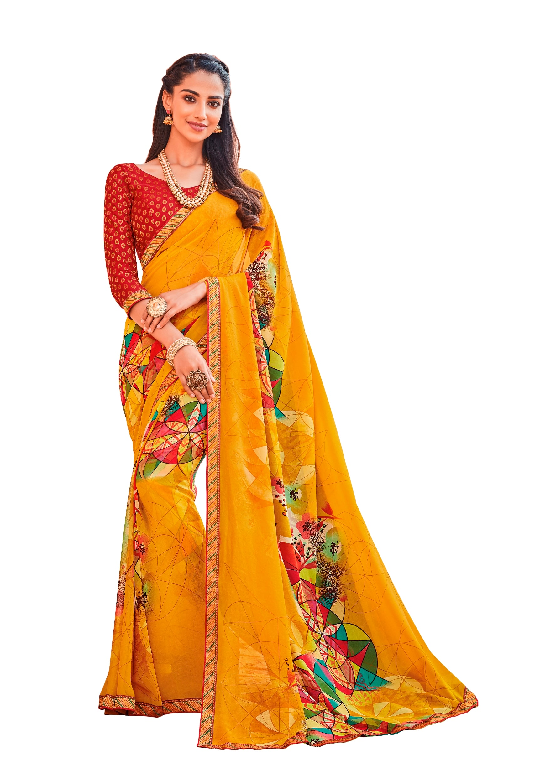 

Vipul Women Faux Georgette Party Wear Saree With Blouse (Yellow)