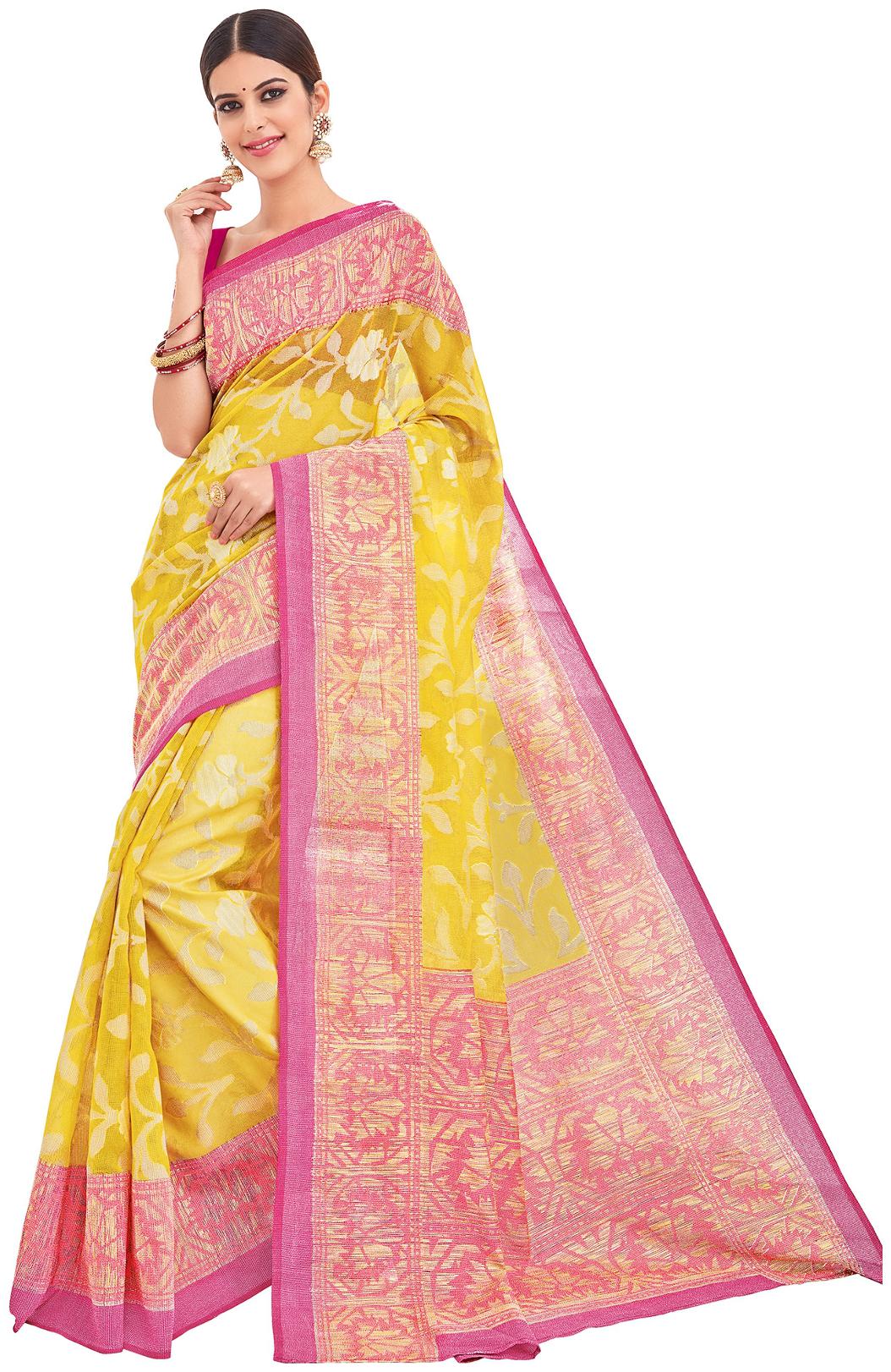 

Vipul Women s Party wear Yellow Cotton Brasso Saree Saree