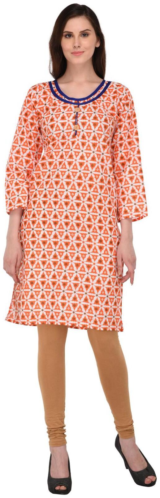 

Viral Girl Ethnic Jaipuri Printed Orange-White Everyday Cotton Kurti