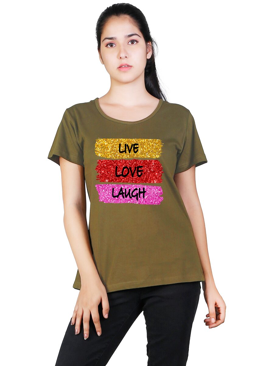 

Vishorge Korea Cotton Round Neck Live Love Laugh Glittering Women T-Shirt (Olive)