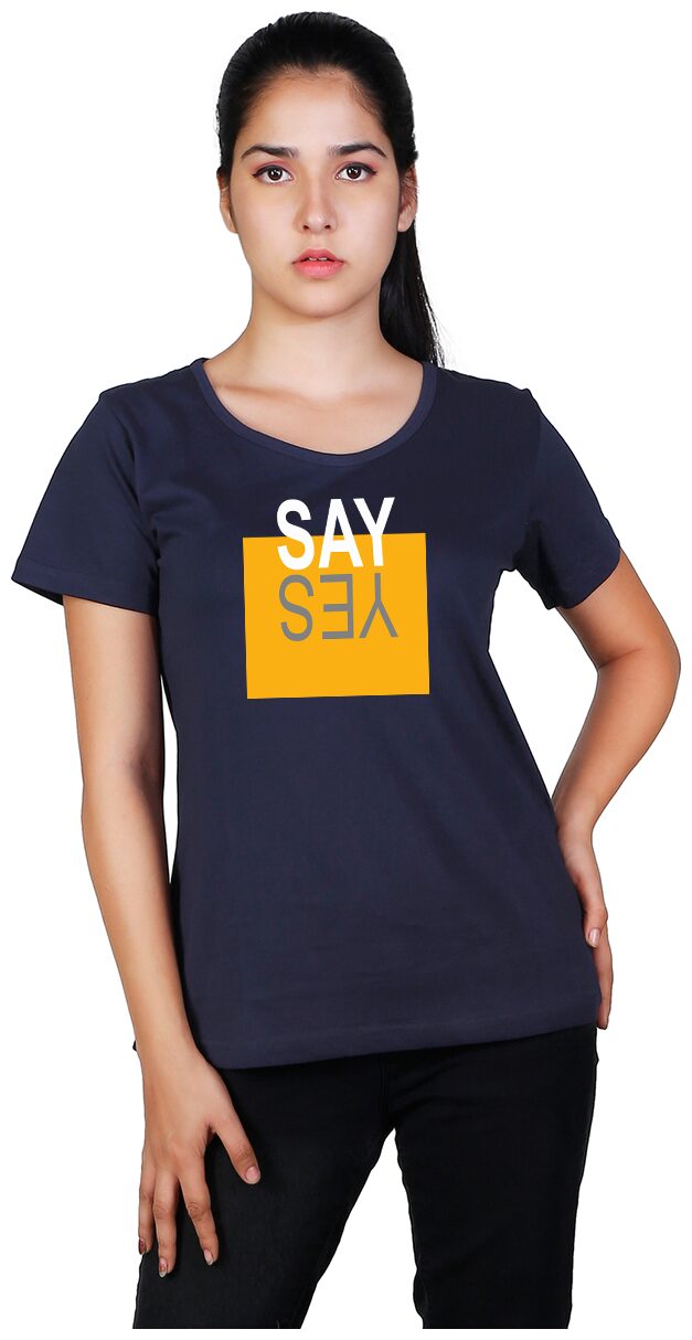 

Vishorge Korea Women Cotton Printed Navy Blue T Shirt