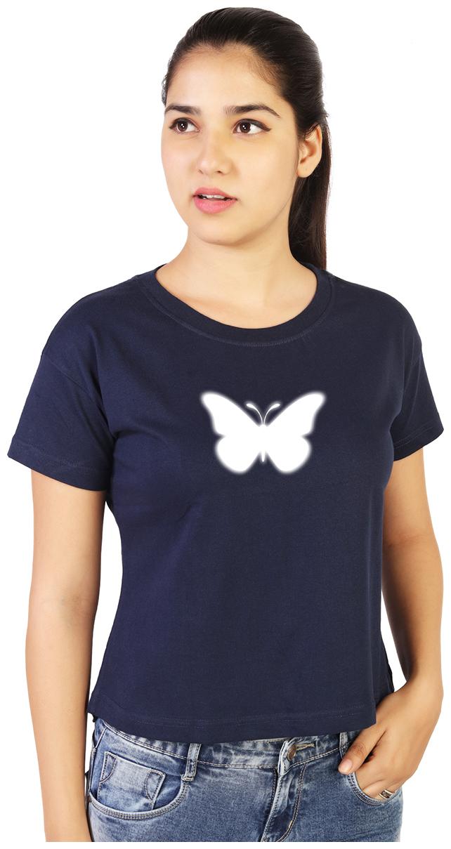 

Vishorge Korea Women Cotton Round Neck Slim Fit Glowing Butterfly Crop T Shirt (Navy Blue)