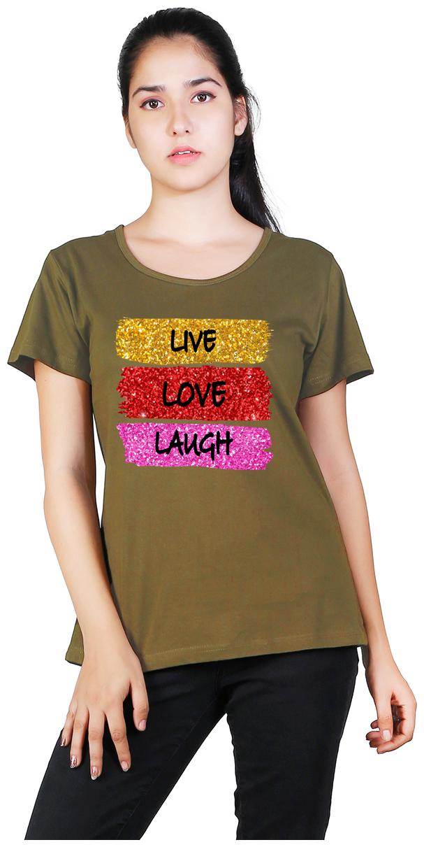 

Vishorge Korea Cotton Round Neck Live Love Laugh Glittering Women T-Shirt (Olive)