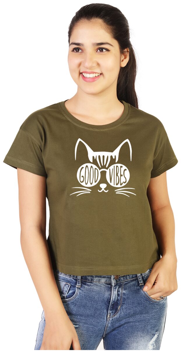 

Vishorge Korea Cotton Printed Olive Crop T Shirt Women