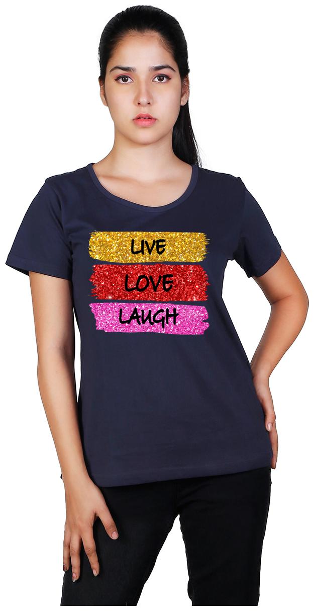

Vishorge Korea Cotton Round Neck Live Love Laugh Glittering Women T-Shirt (Navy Blue)