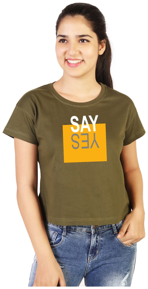 

Vishorge Korea Cotton Printed Olive Crop T Shirt Women