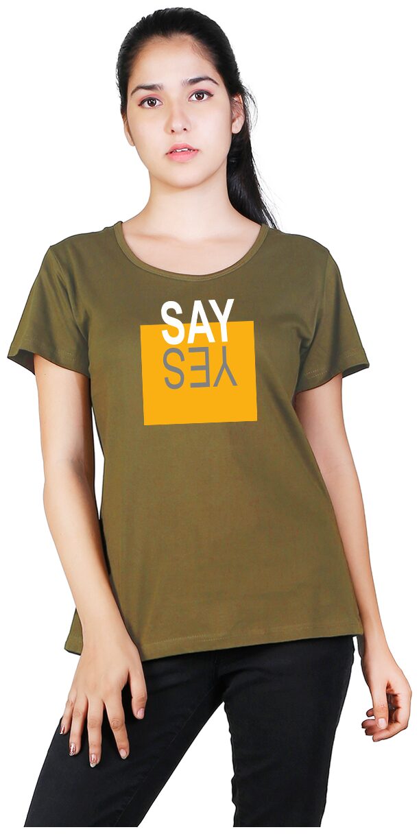 

Vishorge Korea Women Cotton Printed Olive T Shirt