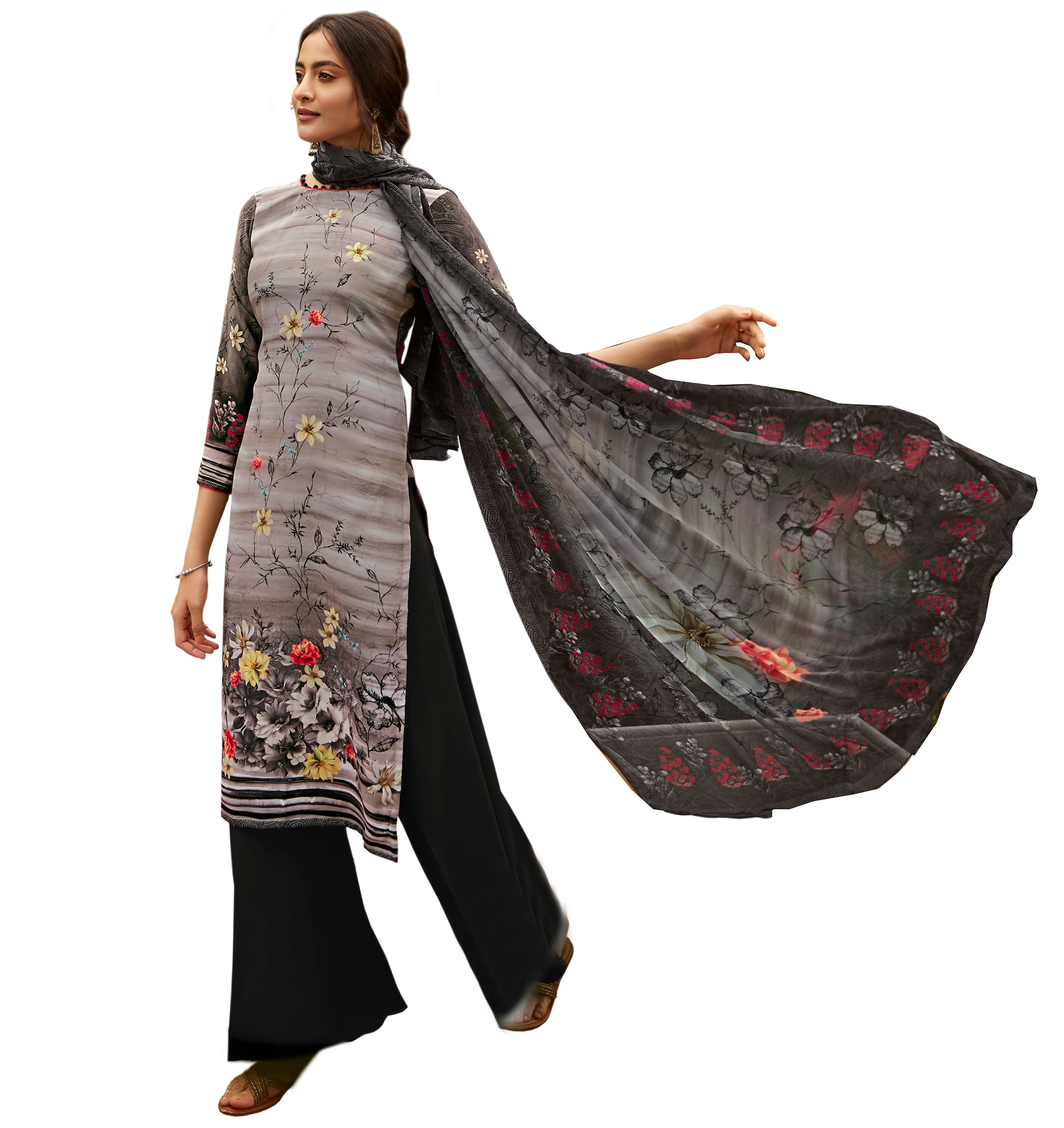 

Vishwam Grey Unstitched Kurta with bottom dupatta With dupatta Dress Material