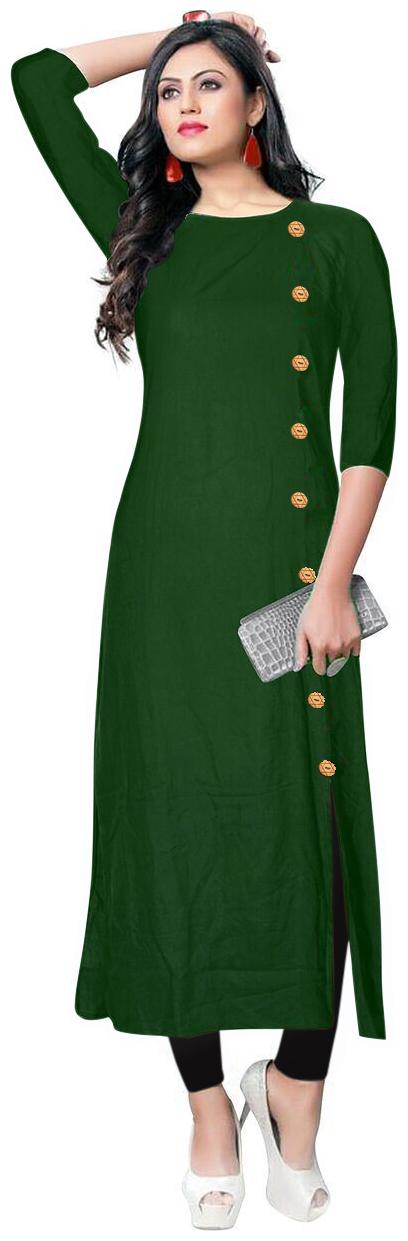 

VISVA DESIGNER Ready Made Stylish Plain Rayon Straight Side Button No Slit Kurti For Women Dark Green