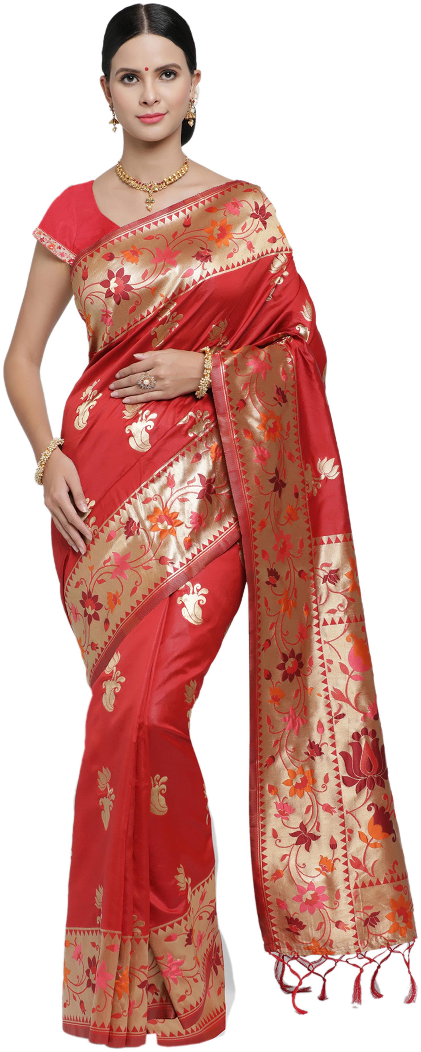 

Viva N Diva Red Woven Universal Regular Saree With Blouse With blouse