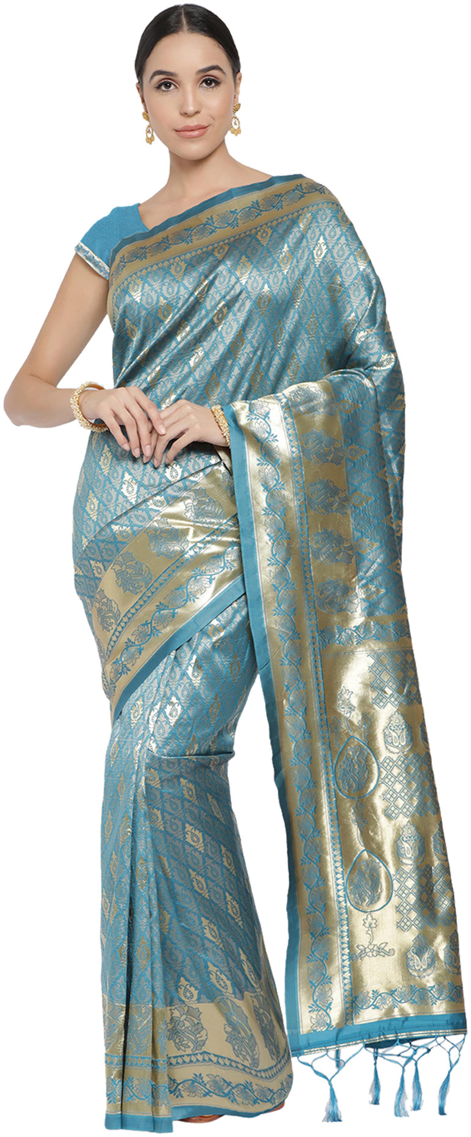 

Viva N Diva Blue Woven Universal Regular Saree With Blouse With blouse