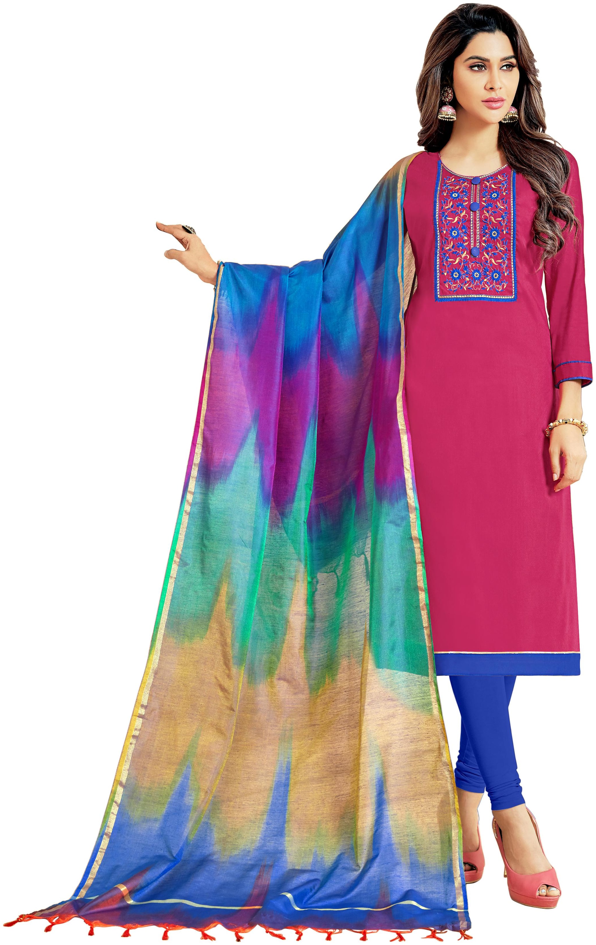 

Viva N Diva Dark Pink Cotton Slub Embroidered Dress Material