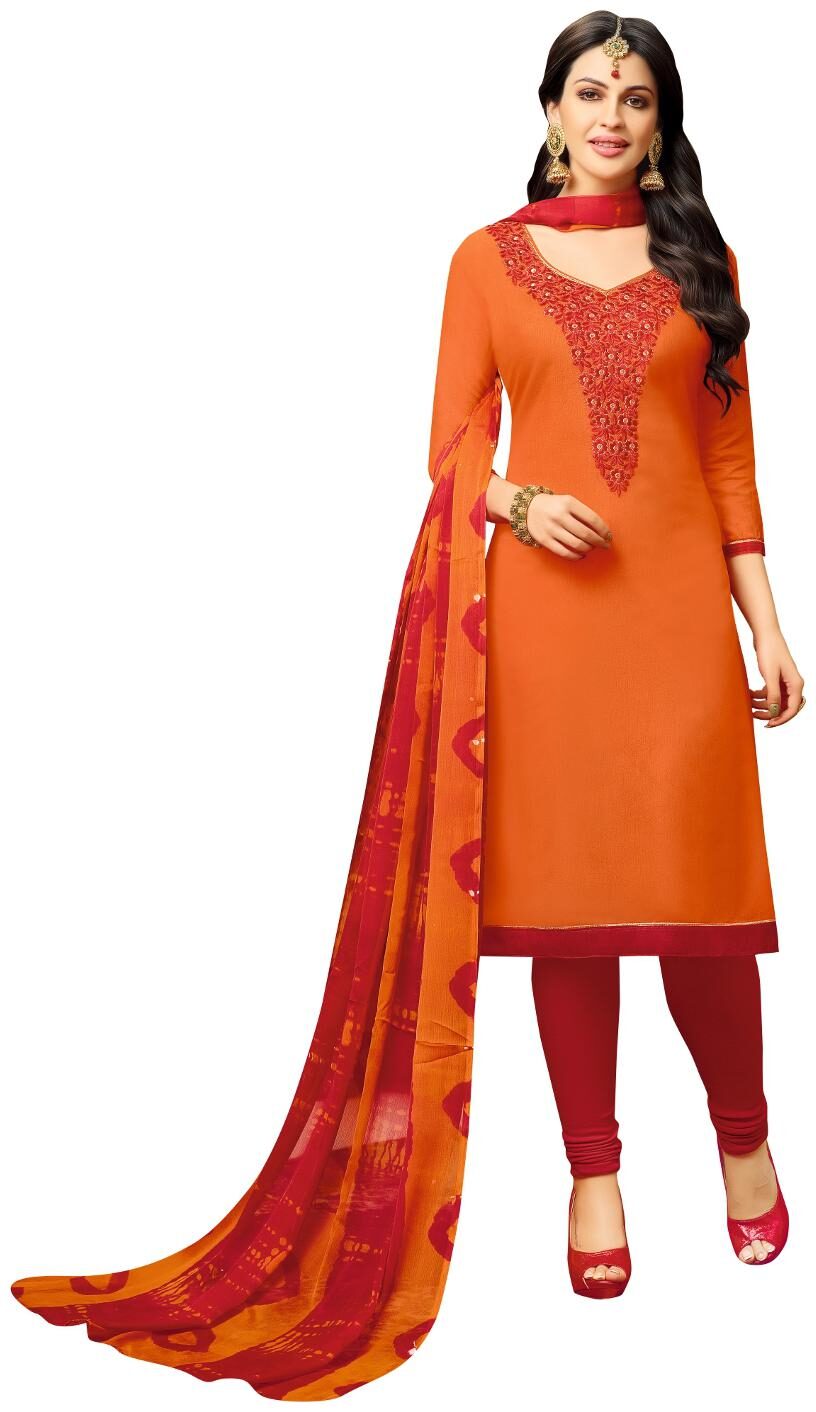 

Viva n Diva Orange Color Chanderi Cotton Semi Stitched Suit