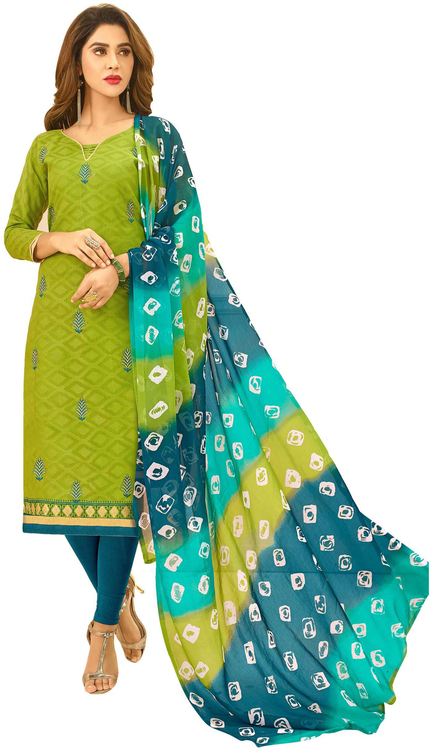 

Viva N Diva Green Color Cotton Jacquard Embroidered Dress Material