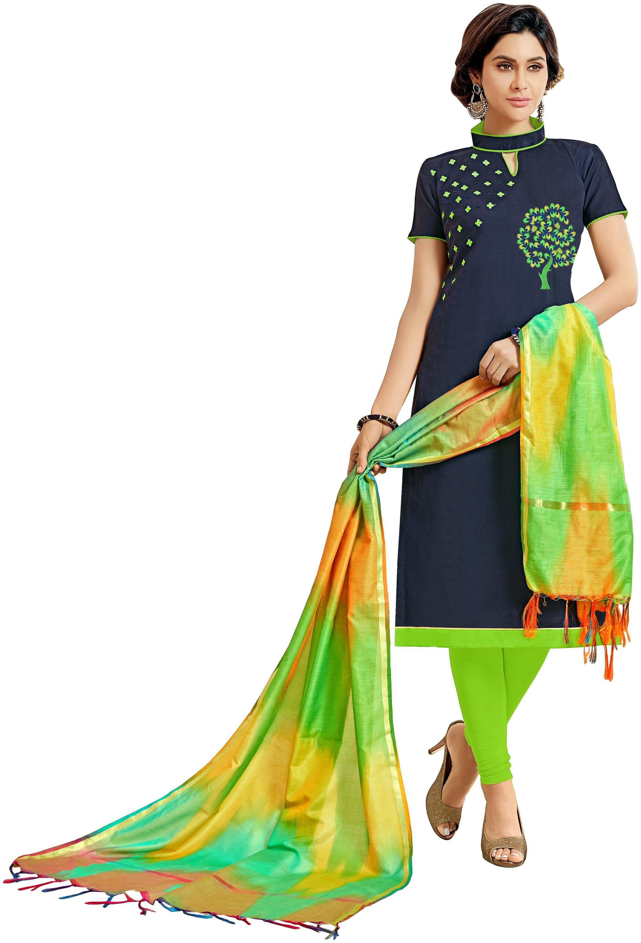 

Viva N Diva Navy Blue Cotton Slub Embroidered Dress Material